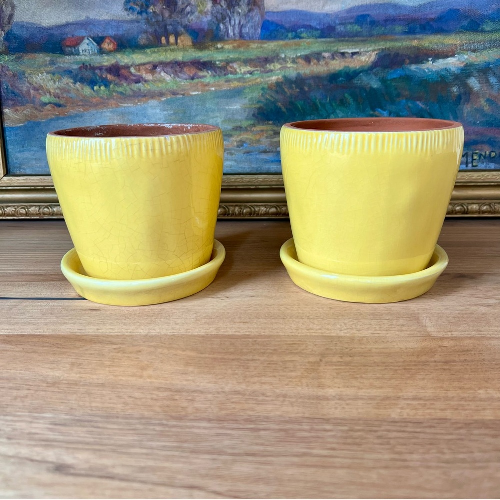 Pottery Barn Yellow Planters with Saucers (Set 1)